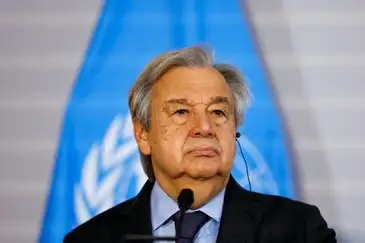 United Nations Secretary-General Antonio Guterres reacts during a joint news conference with Austrian President Alexander Van der Bellen (not seen) in Vienna, Austria May 11, 2022. REUTERS/Lisa Leutner