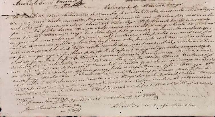 Salvador 9BA), 31/01/2025 - Compra e venda de escravos. Carta de alforria de Maurício, escravizado por MAria Quitéria de Jesus. Foto: Arquivo Público do Estado da Bahia/Divulgação