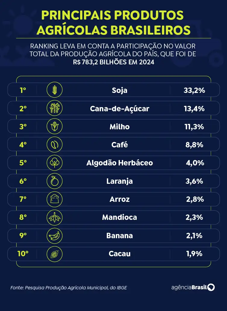 Rio de Janeiro (RJ), 10/09/2025 - Conheça os principais produtos agrícolas brasileiros.
Arte EBC